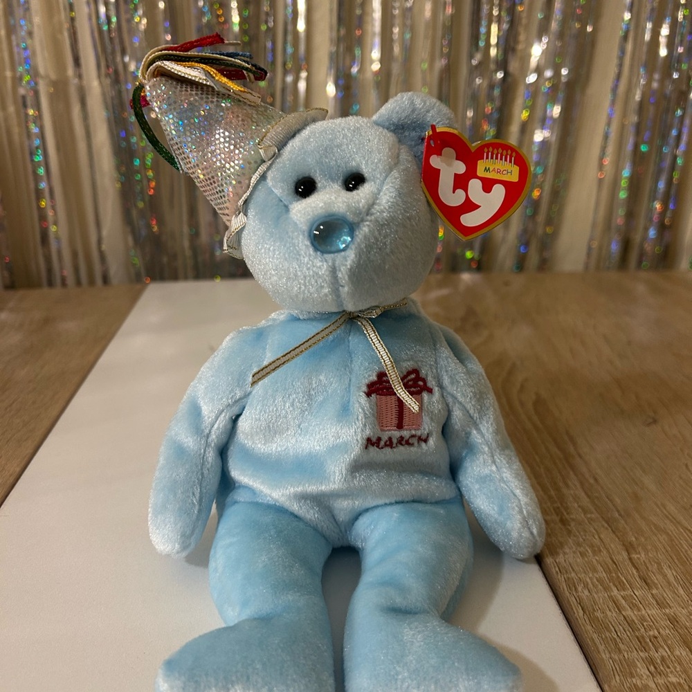 Ty March Birthday Bear Plush Beanie Baby & Party Hat - Birthday Bear Collection